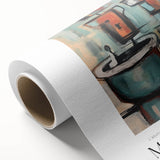 Art deco-style rolled canvas featuring abstract blocks in muted pastel shades, ideal for nursery wall art.