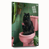 Bathroom Wall Decor - Black Cat on Pink Toilet