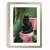 Bathroom Wall Decor - Black Cat on Pink Toilet