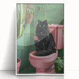 Bathroom Wall Decor - Black Cat on Pink Toilet