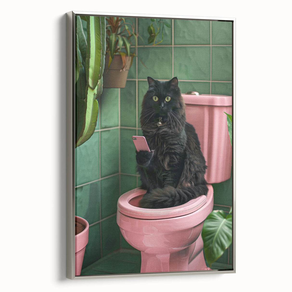 Bathroom Wall Decor - Black Cat on Pink Toilet