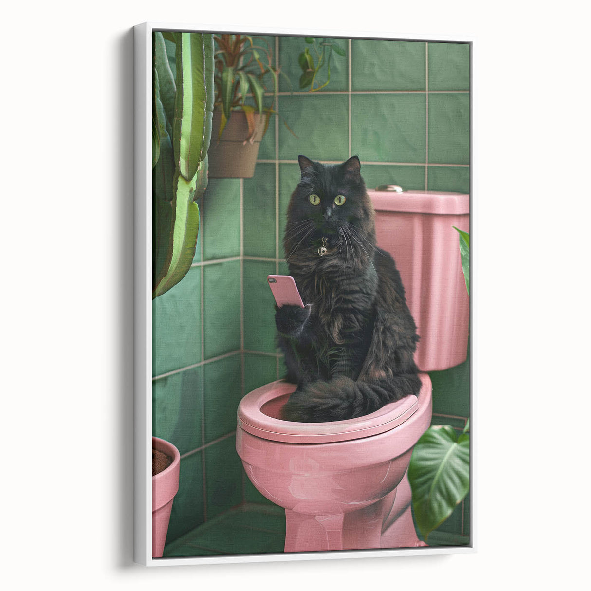 Bathroom Wall Decor - Black Cat on Pink Toilet