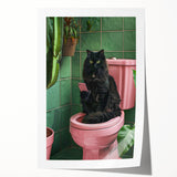 Bathroom Wall Decor - Black Cat on Pink Toilet