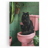 Bathroom Wall Decor - Black Cat on Pink Toilet