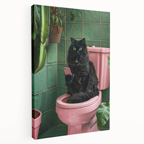 Bathroom Wall Decor - Black Cat on Pink Toilet