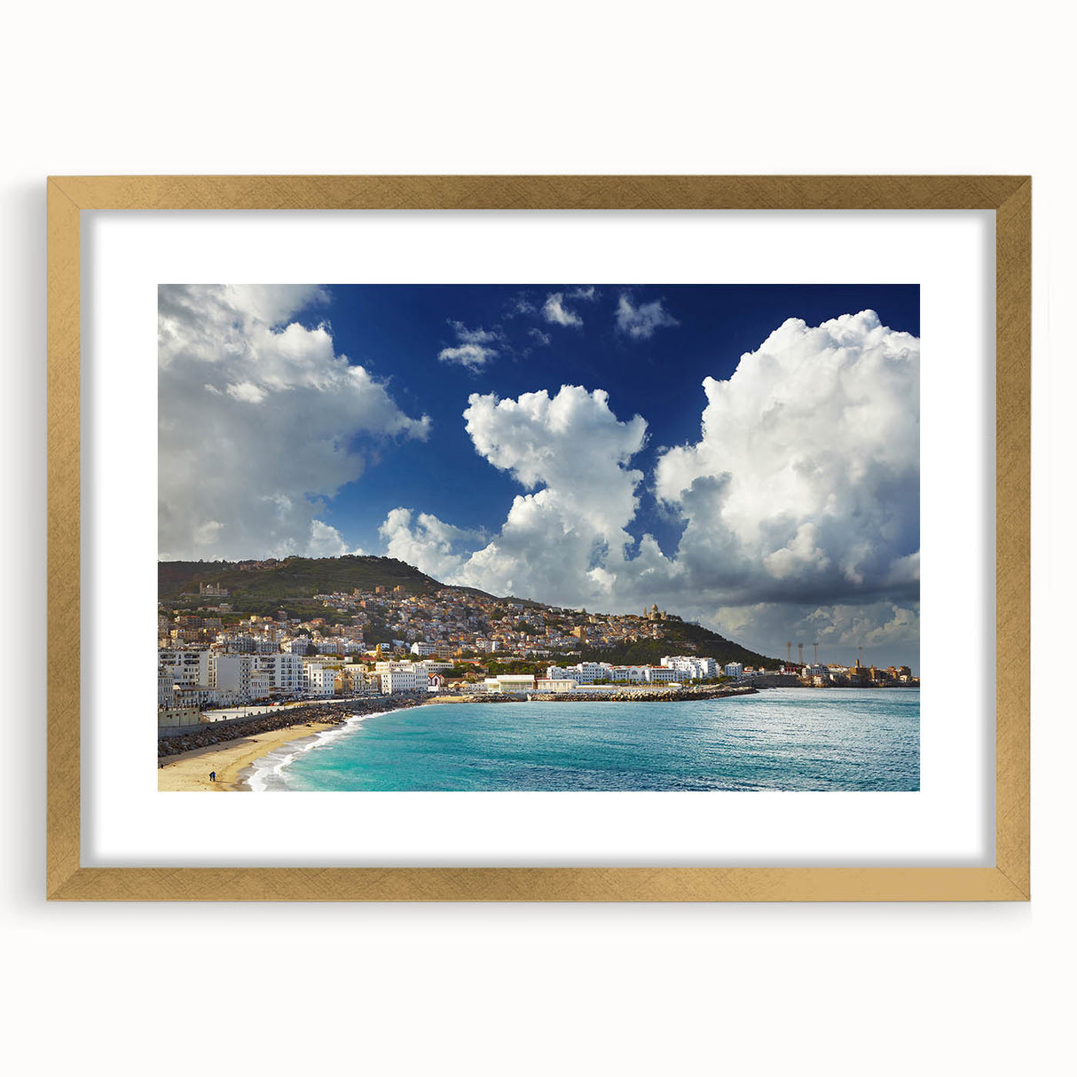 Textured abstract art print of Algerian scenery in gold frame with mat, showcasing earthy tones, ideal for bedroom art.