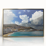 Mid-century modernist art depicting an abstract Algerian landscape on a framed acrylic, featuring earthy and gold tones.