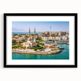 Extra large abstract art print of colorful, textured Egyptian scenery on a black framed canvas, ideal for living room decor.