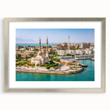 Abstract art print of an Egyptian landscape in muted earth tones on a framed silver mat, ideal for dining room decor.