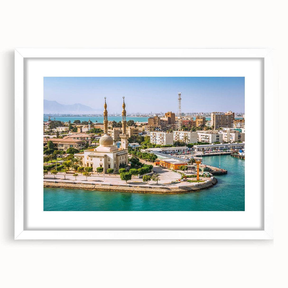 Extra large textured abstract art print portraying an abstract Egyptian landscape, in earthy tones on a white framed canvas.