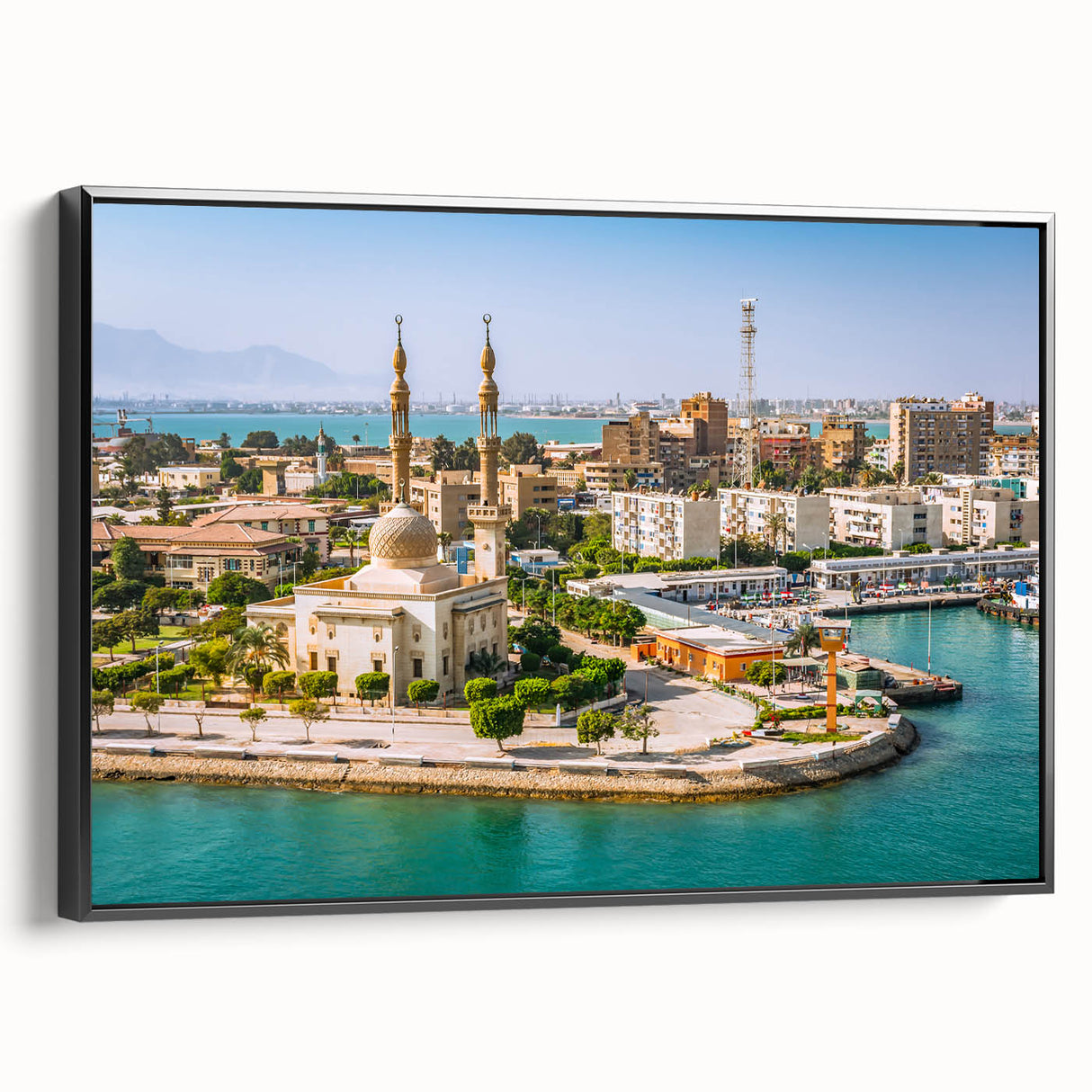 Black and white framed canvas of an Egyptian landscape, ideal for bedroom wall art.