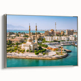 Vintage poster art of an Egyptian landscape on a framed canvas, featuring a palette of black and colorful art.