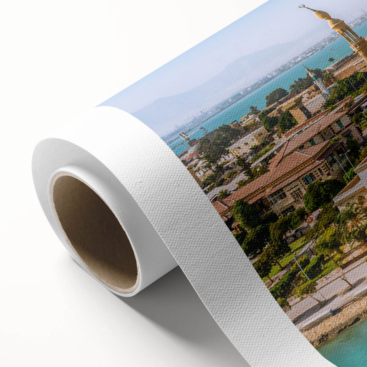 Art deco poster of Egyptian scenery on rolled canvas, featuring muted earth tones, ideal for nursery wall art.