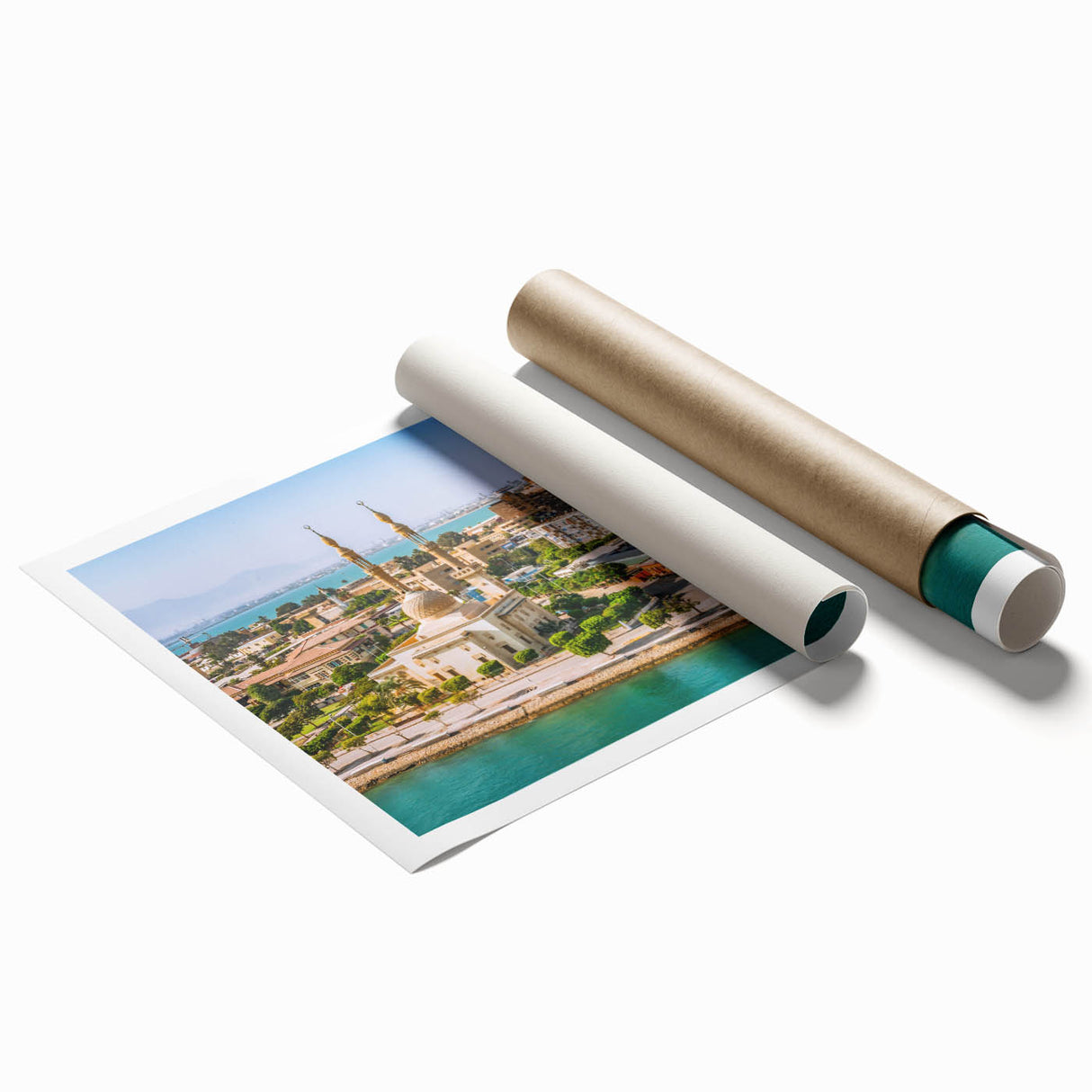 Extra large rolled print of Egyptian scenery with floral accents in muted earth tones, ideal for classy bathroom wall art.