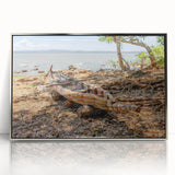 Acrylic print of an Ethiopian landscape in muted earth tones, framed in silver, suitable for modern art wall decor.