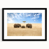 Colorful abstract art print of a Kenyan landscape on textured canvas, framed in black, ideal for living room decor.