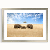 Abstract art print of African scenery in muted earth tones on a framed canvas, suitable for bedroom or dining room decor.