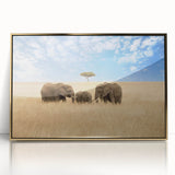 Mid-century modernist art depicting a serene African landscape in muted earth tones on a framed acrylic panel.