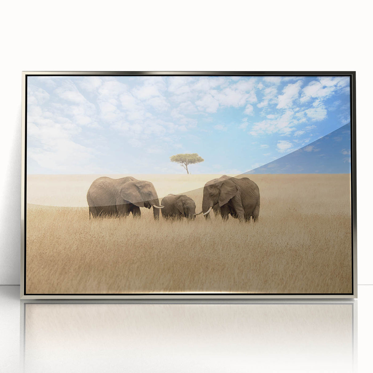 Art deco poster of a Kenyan savannah scene in muted earth tones on framed acrylic, ideal for modern art wall decor.
