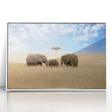 Large art print of a Kenyan landscape on framed acrylic, featuring mid-century modernist style with vibrant earth tones.