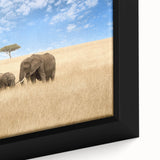 Extra large black wall art on canvas depicting a textured, colorful African scenery, ideal for living room decor.