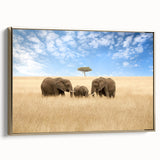 Framed canvas of a vintage-style Kenyan landscape painting, featuring vibrant earth tones and a black border.