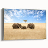 Vintage poster art of a Kenyan landscape on a framed canvas, featuring a colorful palette, ideal for living room decor.