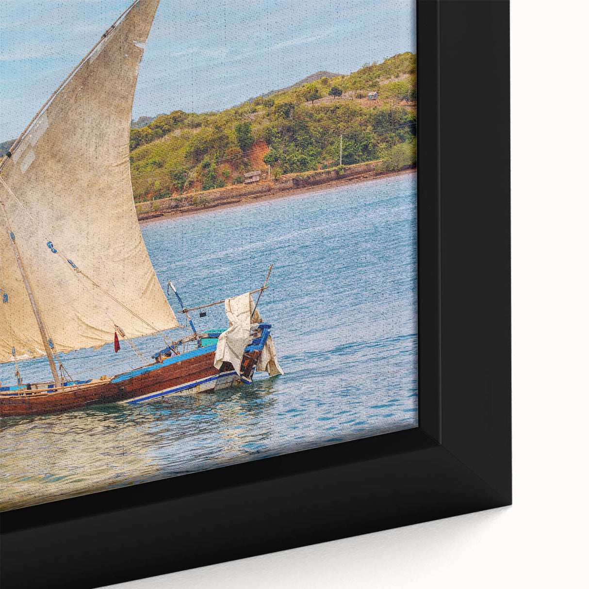 Extra large framed canvas featuring a textured depiction of a Madagascar landscape in vibrant colors.