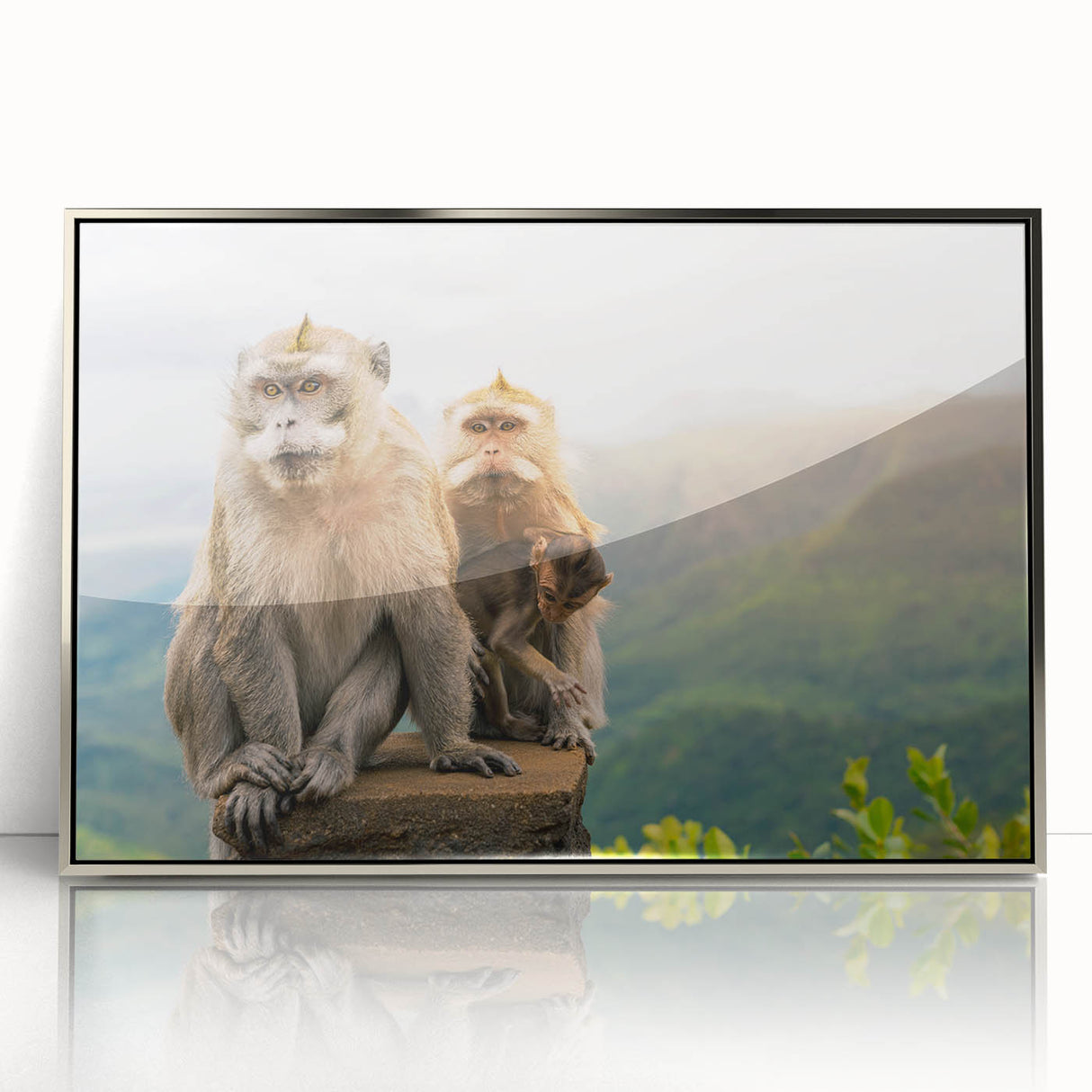 Art deco poster of a Mauritian landscape in muted colors on a framed acrylic, suitable for modern art wall decor.