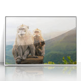 Large art print of a serene Mauritius landscape in muted blues and greens, framed in white acrylic.