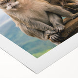 Art deco poster of a serene Mauritius landscape on rolled canvas, featuring soft blue and green tones.