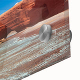 Large abstract wall art featuring Moroccan scenery in muted earth tones on acrylic glass, suitable for dining room decor.