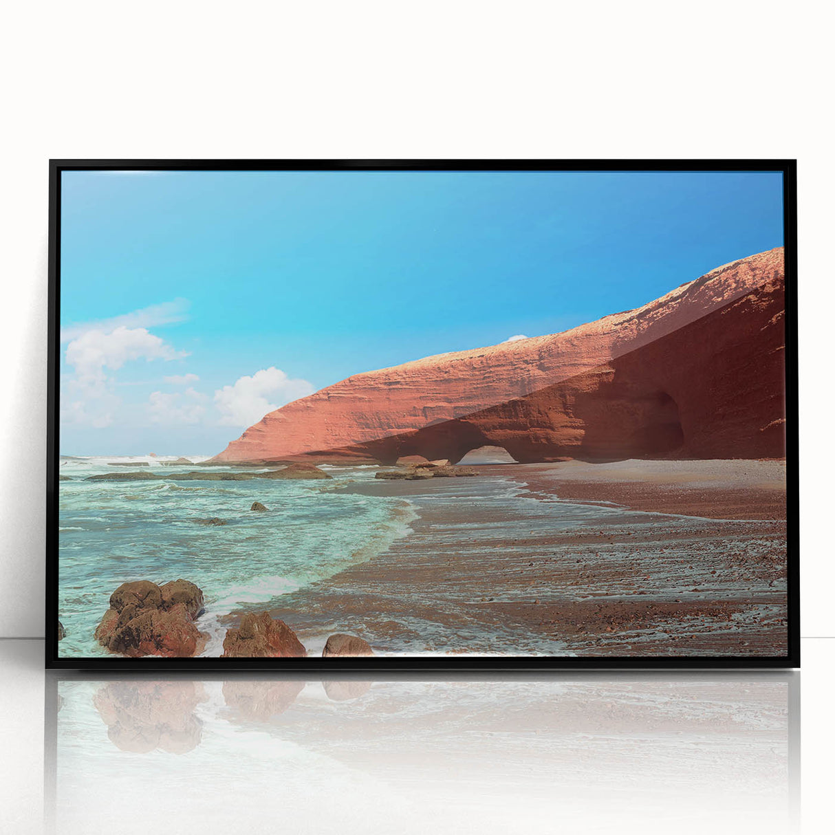 Large abstract wall art depicting a Moroccan landscape in muted earth tones on a framed acrylic.