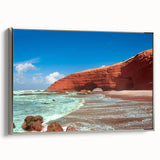 Vintage poster art of a Moroccan landscape on a framed canvas, featuring a black border with vibrant, colorful details.