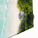 Large abstract wall art of Seychelles scenery in acrylic glass, using a mid-century modernist style.