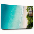 Acrylic print of a Seychelles landscape in vibrant blues and greens, ideal for bedroom or dining room decor.