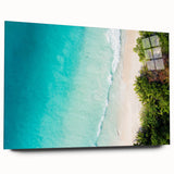 Large abstract wall art depicting a serene Seychelles beach scene in soft blue and white hues, printed on acrylic glass.