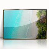 Large art print of a Seychelles scenery on gold-framed acrylic, featuring mid-century modernist style.
