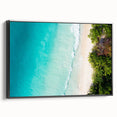 Black and white landscape art of Seychelles on framed canvas, ideal for bedroom wall decor.