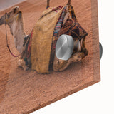 Mid-century modernist art featuring abstract scenery of Tunisia in muted earth tones on acrylic glass.