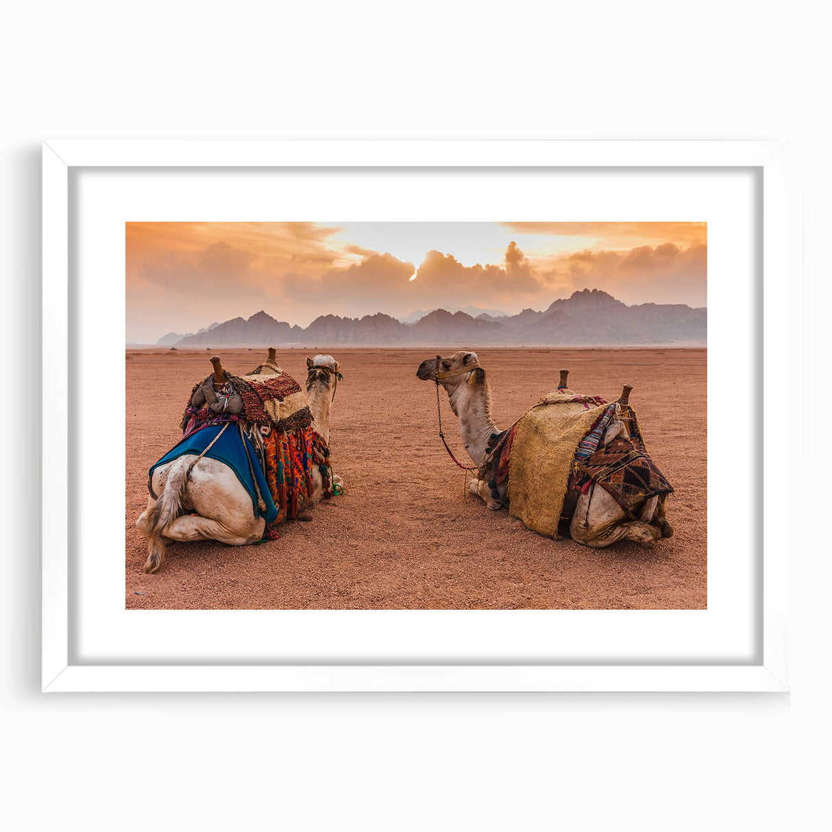 Abstract art print depicting a Tunisian landscape in muted earth tones on a framed white mat.