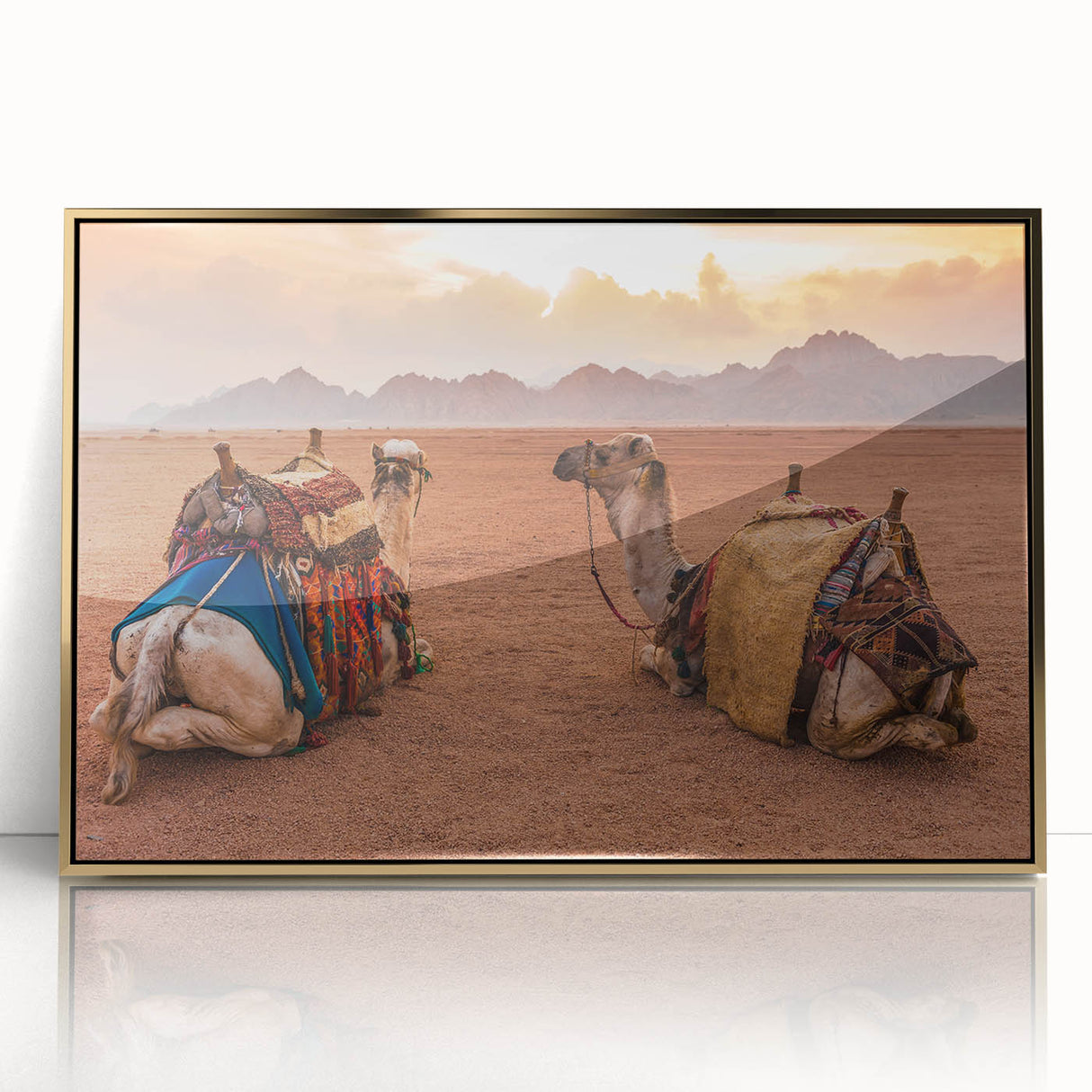 Large art print of a Tunisian landscape in muted earth tones on a gold-framed acrylic, ideal for modern art wall decor.