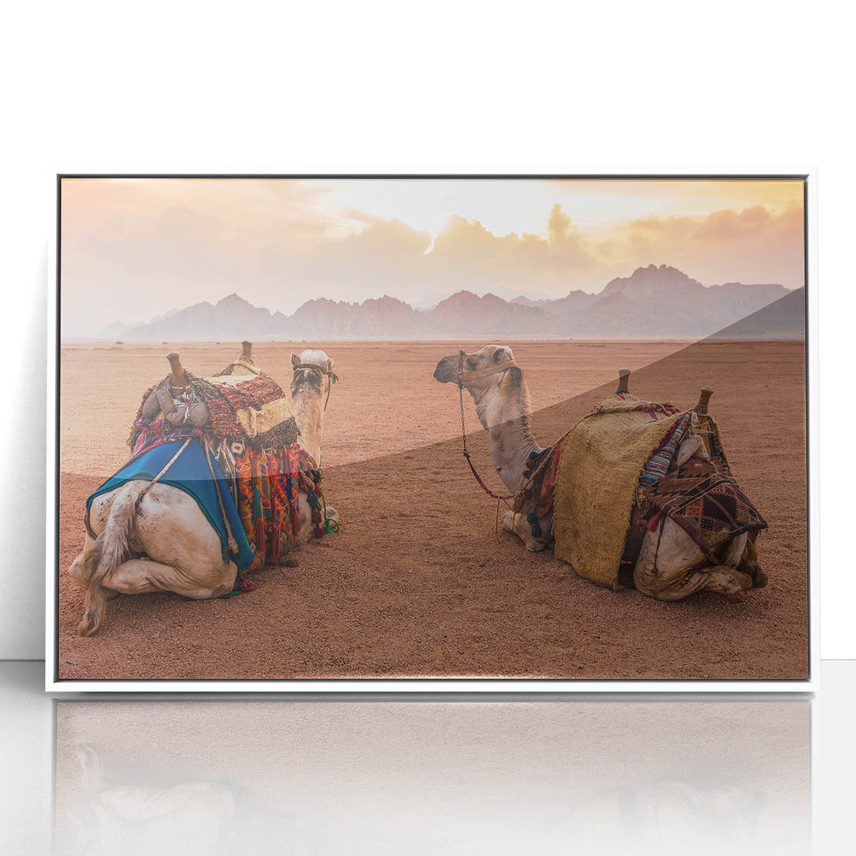 Acrylic print of a Tunisian landscape in art deco style, featuring muted earth tones, ideal for modern art wall decor.