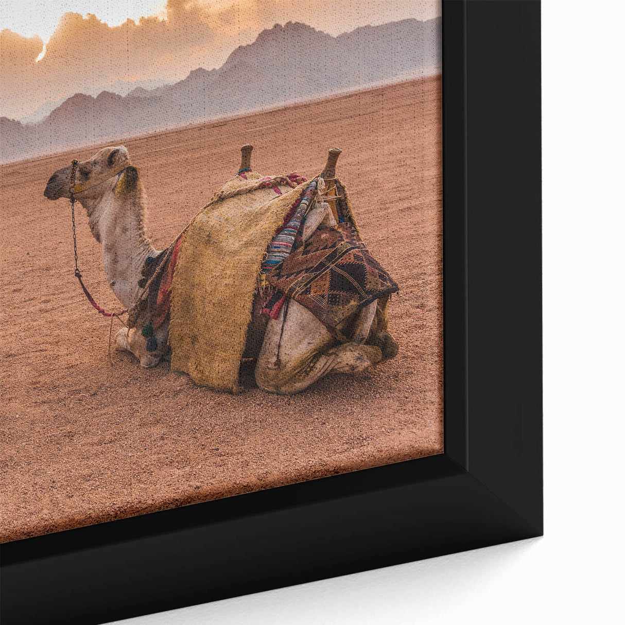 Extra large black wall art featuring a textured, colorful Tunisian landscape on framed canvas, ideal for living room decor.