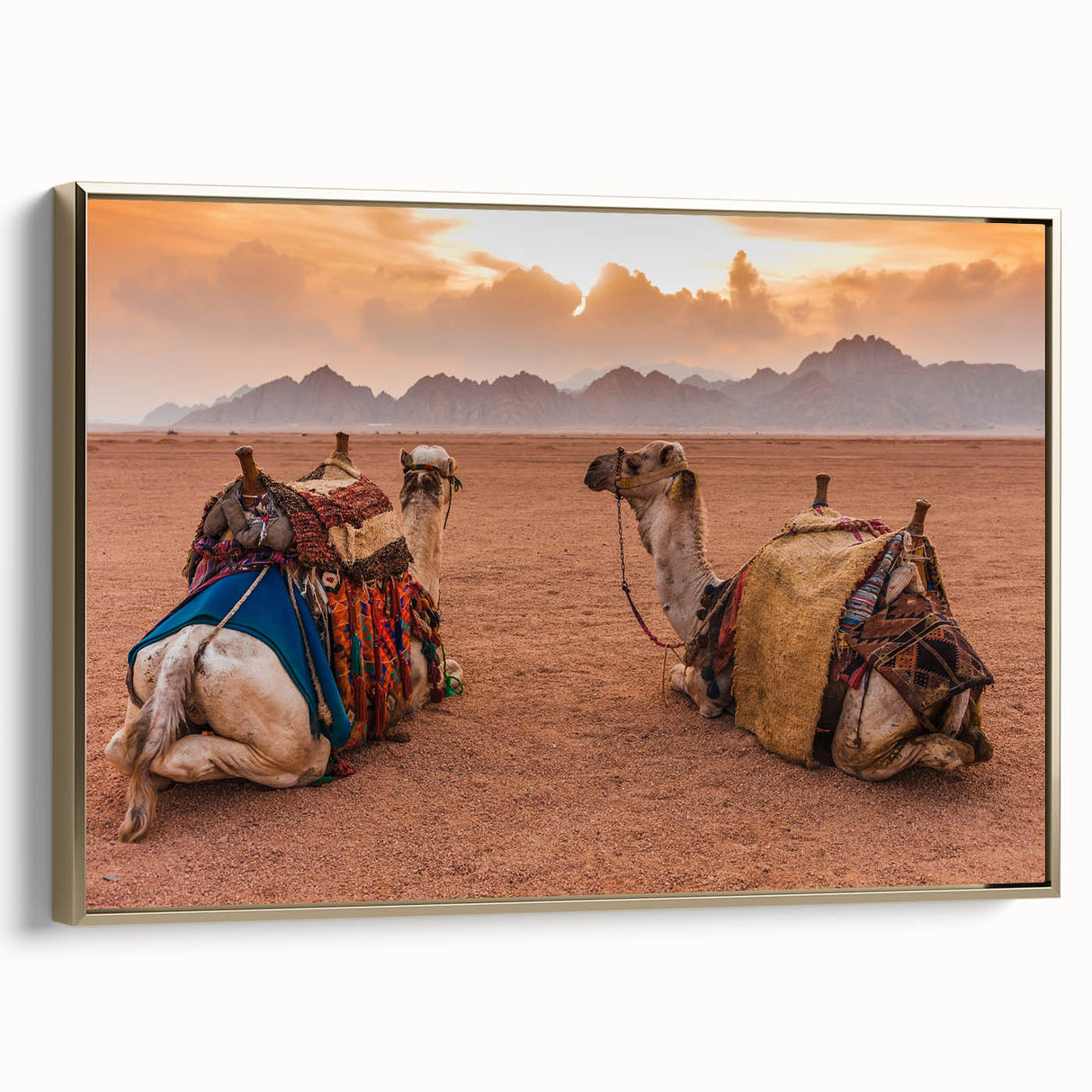 Framed canvas featuring a vintage-style landscape of Tunisia with black and gold tones, ideal for bedroom wall art.