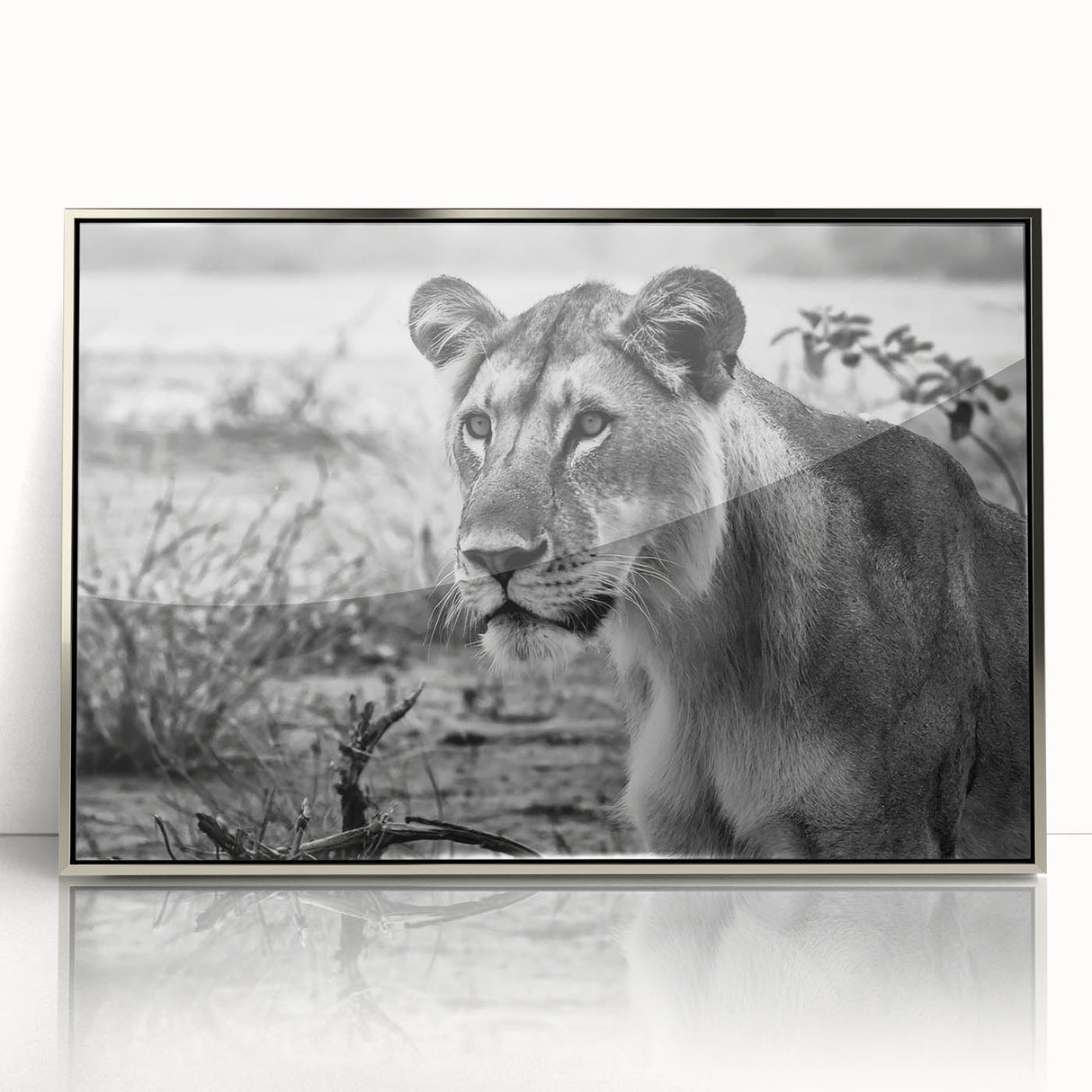 Mid-century modernist art depicting a serene Zambia scenery in soft earth tones on a silver-framed acrylic print.