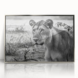 Mid-century modernist art depicting a serene Zambia scenery in soft earth tones on a silver-framed acrylic print.