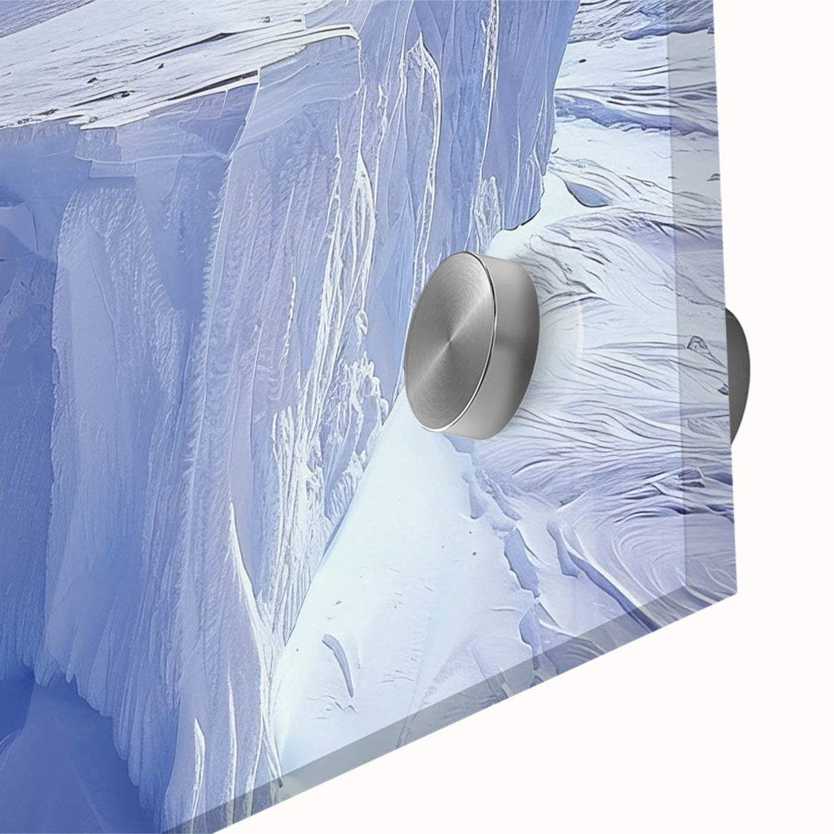 Large abstract depiction of Antarctic scenery in muted blue and white tones on acrylic glass, suitable for dining room art.