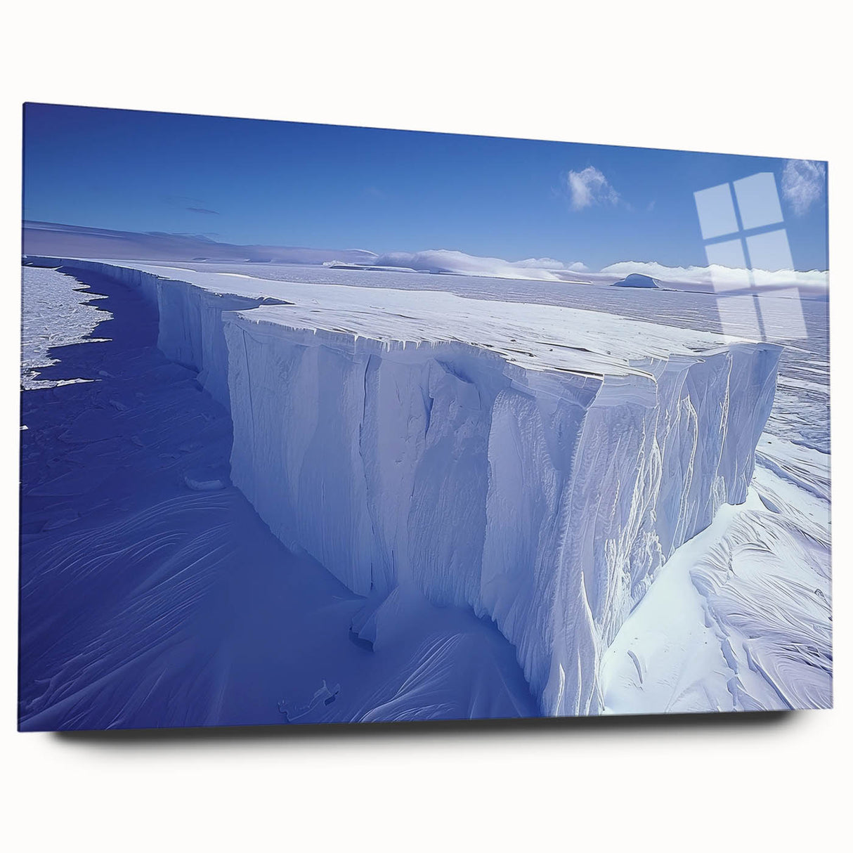Large abstract depiction of an Antarctic landscape in muted blue and white tones on acrylic glass.