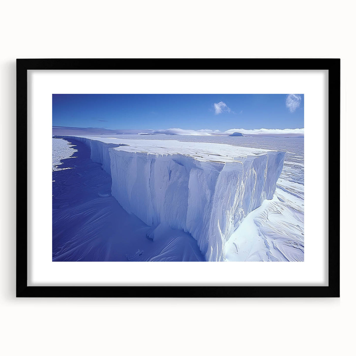 Extra large abstract art print of colorful, textured Antarctic scenery on a black framed canvas, ideal for living room decor.